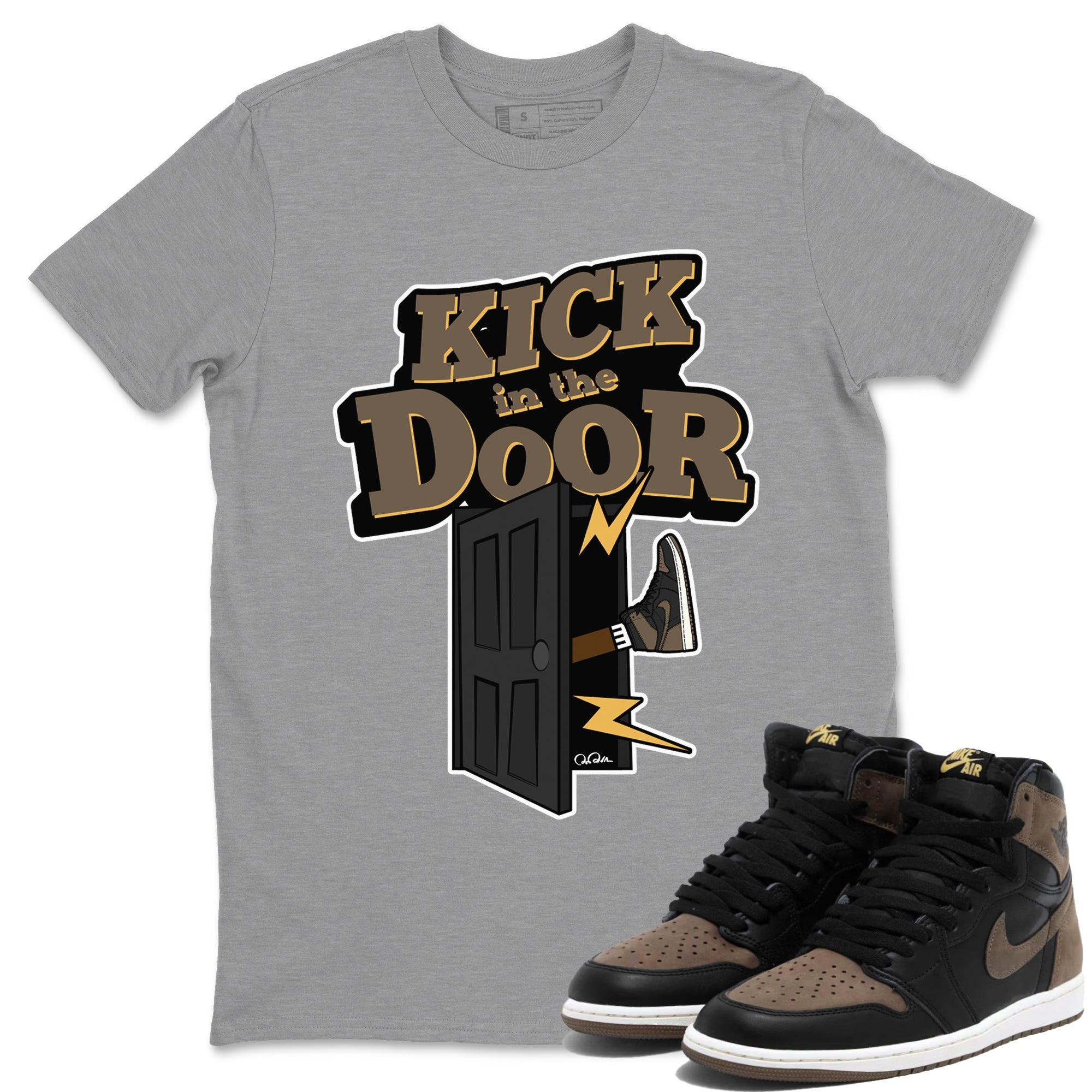 Air Jordan 1 Palomino shirt to match jordans Kick In The Door sneaker tees AJ1 High Palomino SNRT Sneaker Release Tees Unisex Heather Grey 1 T-Shirt