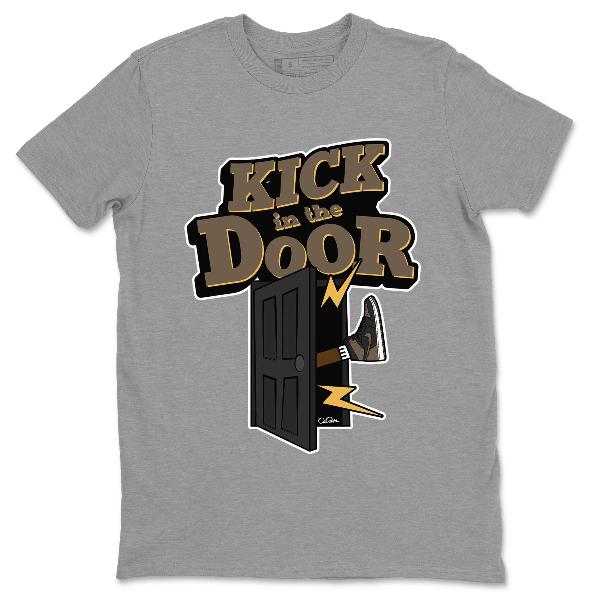 Air Jordan 1 Palomino shirt to match jordans Kick In The Door sneaker tees AJ1 High Palomino SNRT Sneaker Release Tees Unisex Heather Grey 2 T-Shirt