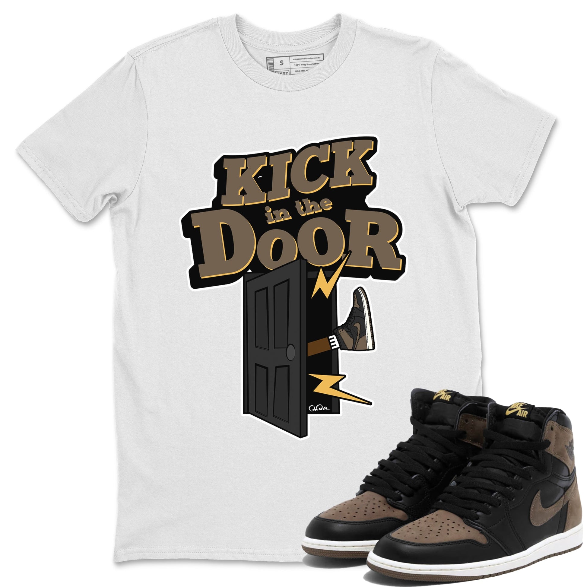 Air Jordan 1 Palomino shirt to match jordans Kick In The Door sneaker tees AJ1 High Palomino SNRT Sneaker Release Tees Unisex White 1 T-Shirt