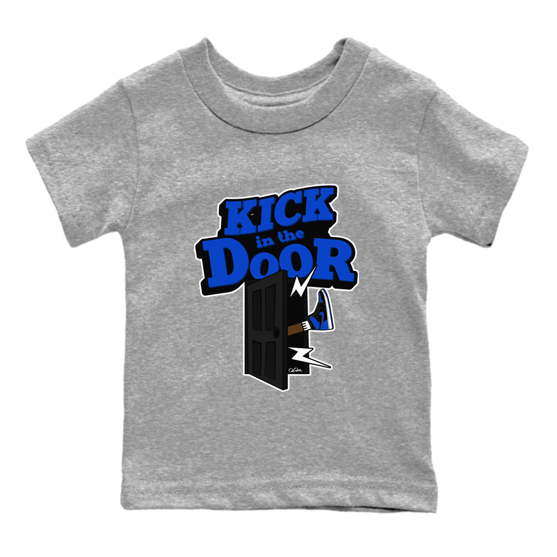 Air Jordan 1 Royal Reimagined shirt to match jordans Kick In The Door sneaker tees AJ1 OG HIGH Royal Reimagined SNRT Sneaker Release Tees Baby Toddler Heather Grey 2 T-Shirt