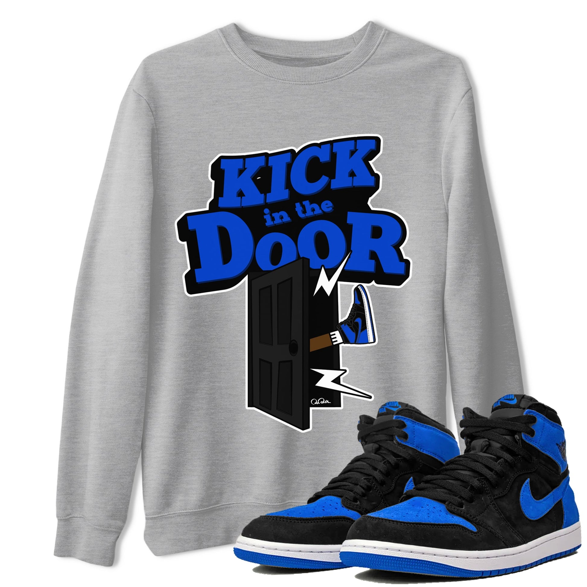 Air Jordan 1 Royal Reimagined shirt to match jordans Kick In The Door sneaker tees AJ1 OG HIGH Royal Reimagined SNRT Sneaker Release Tees Unisex Heather Grey 1 T-Shirt