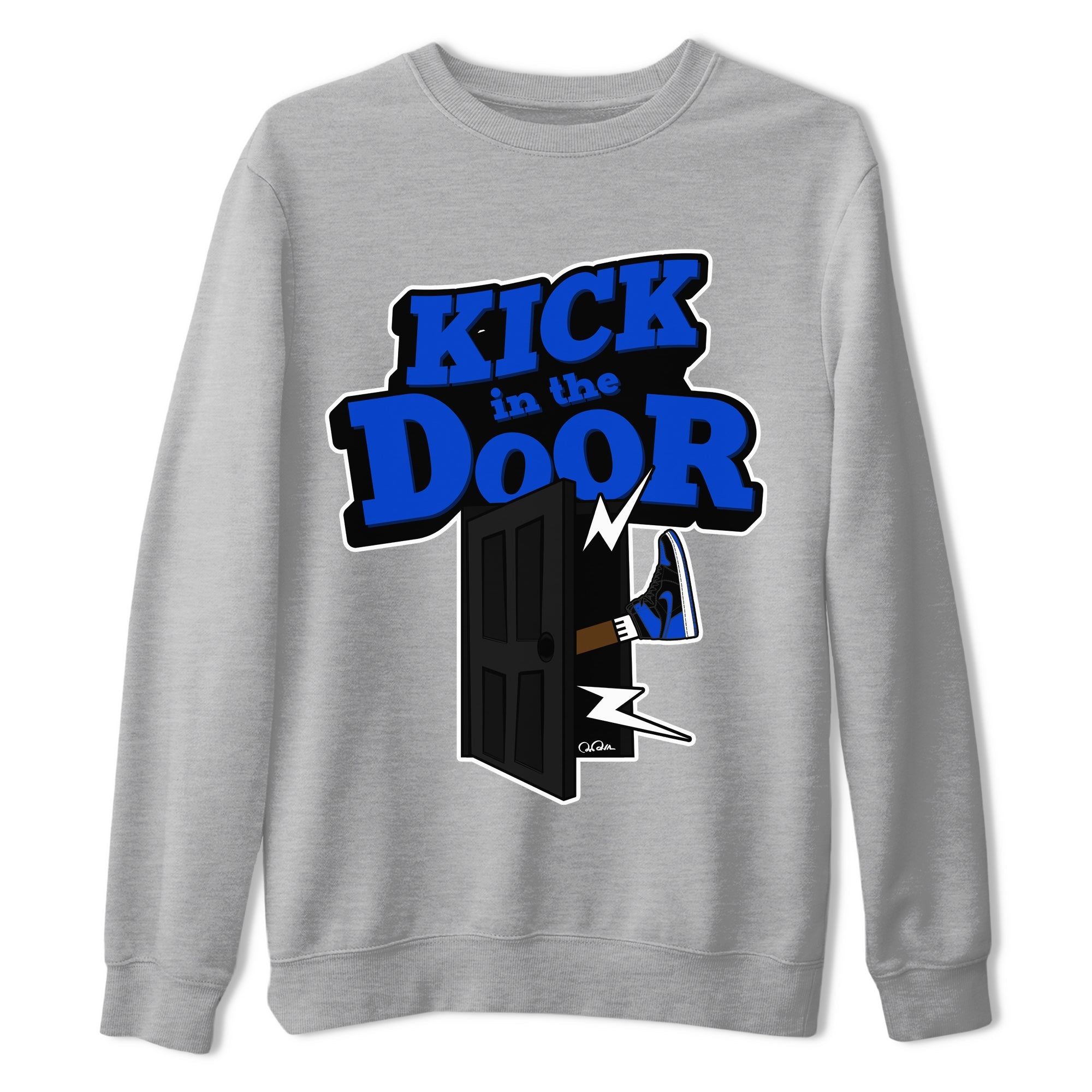 Air Jordan 1 Royal Reimagined shirt to match jordans Kick In The Door sneaker tees AJ1 OG HIGH Royal Reimagined SNRT Sneaker Release Tees Unisex Heather Grey 2 T-Shirt
