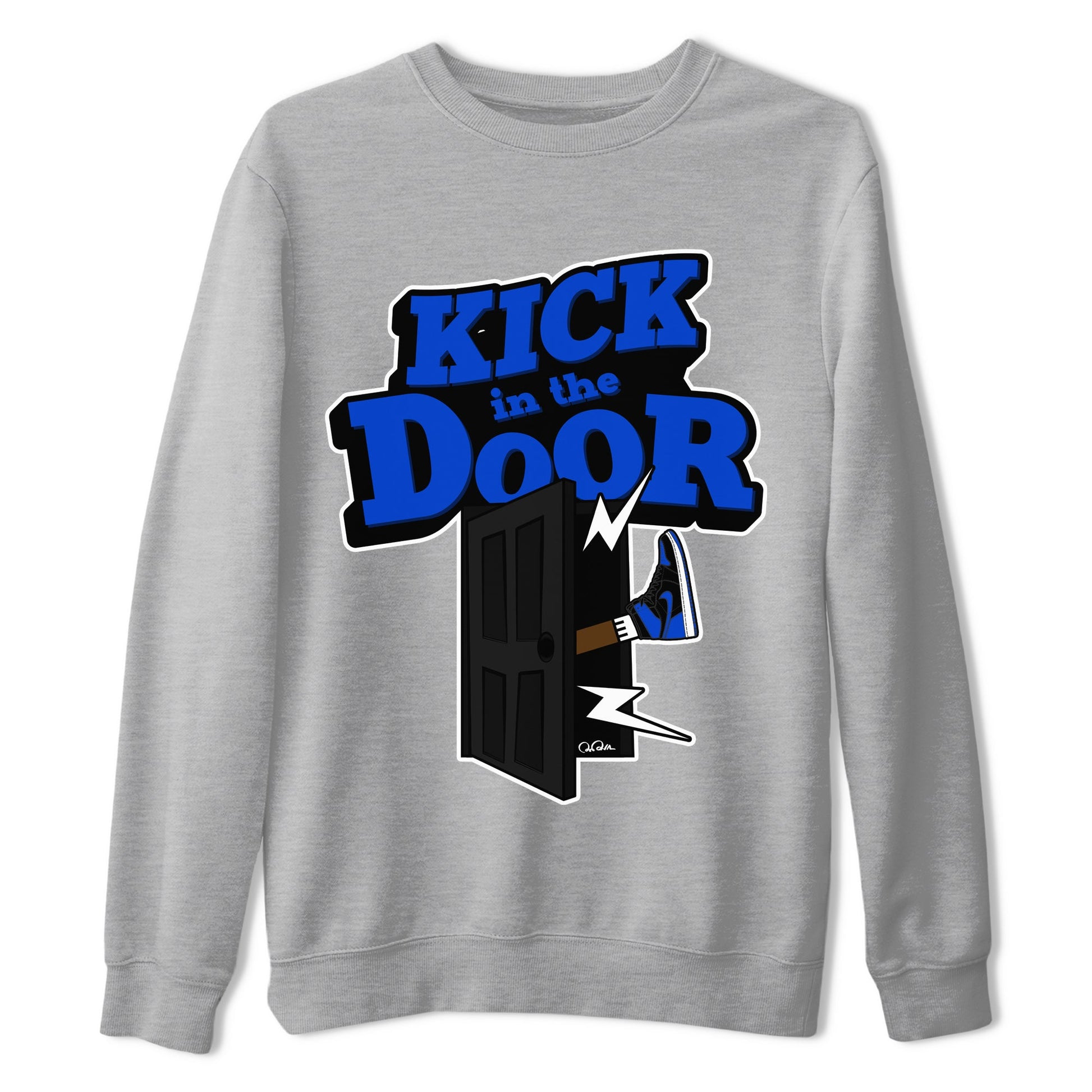 Air Jordan 1 Royal Reimagined shirt to match jordans Kick In The Door sneaker tees AJ1 OG HIGH Royal Reimagined SNRT Sneaker Release Tees Unisex Heather Grey 2 T-Shirt