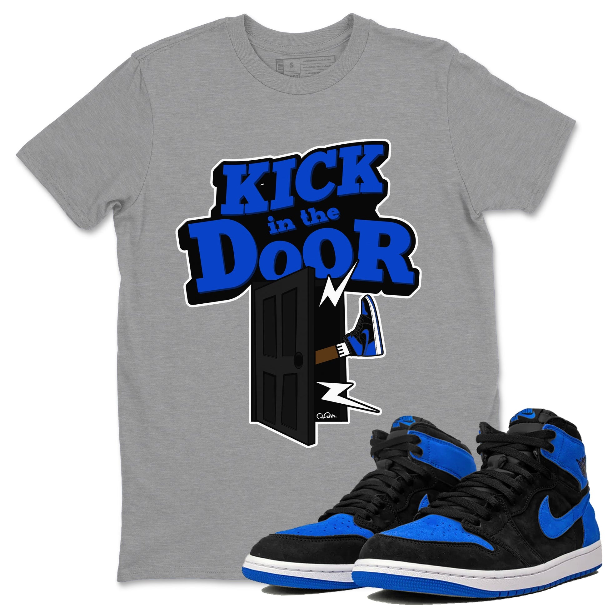 Air Jordan 1 Royal Reimagined shirt to match jordans Kick In The Door sneaker tees AJ1 OG HIGH Royal Reimagined SNRT Sneaker Release Tees Unisex Heather Grey 1 T-Shirt