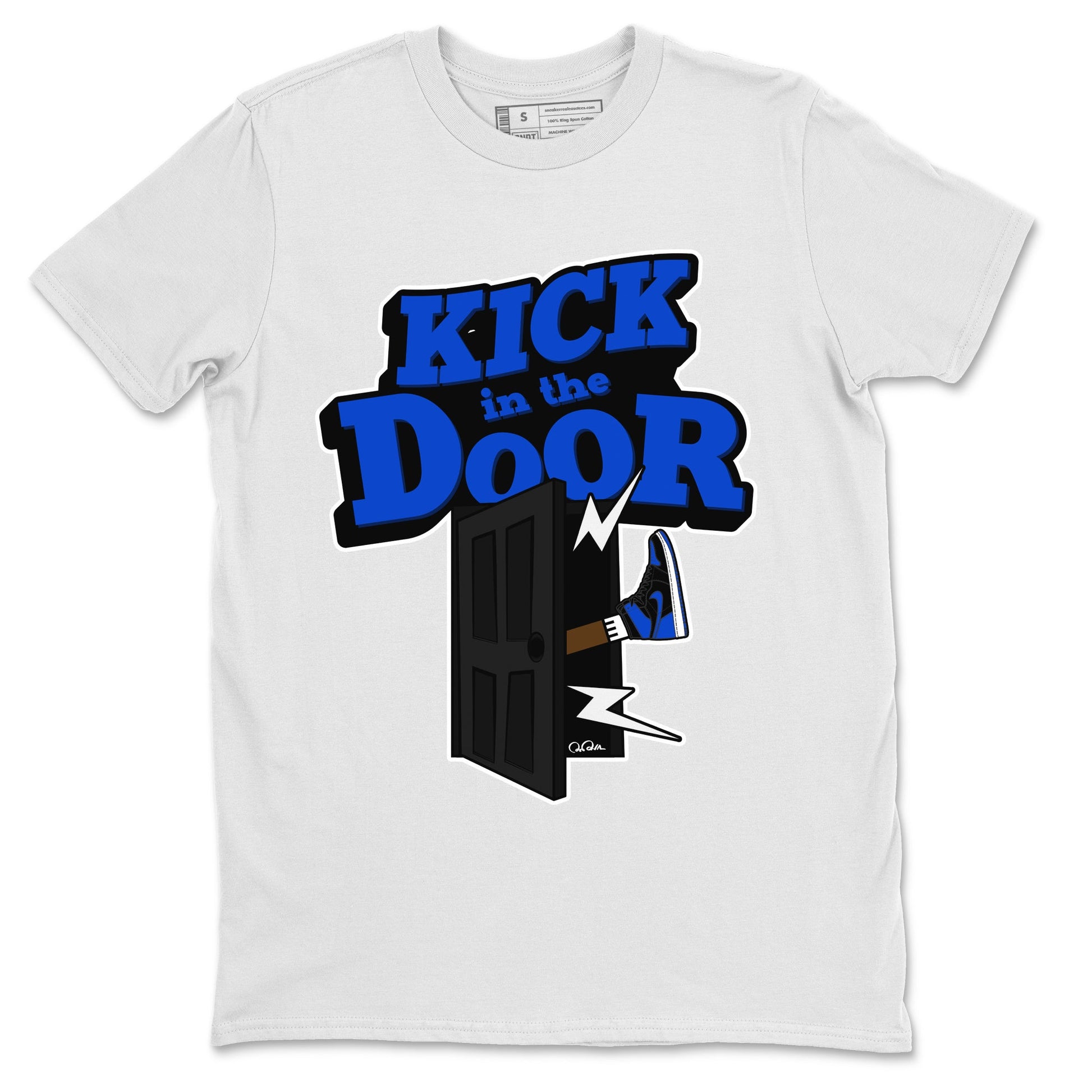 Air Jordan 1 Royal Reimagined shirt to match jordans Kick In The Door sneaker tees AJ1 OG HIGH Royal Reimagined SNRT Sneaker Release Tees Unisex White 2 T-Shirt