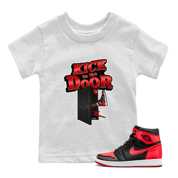 Air Jordan 1 Satin Bred Sneaker Match Tees Kick In The Door Sneaker Tees AJ1 Satin Bred Sneaker Release Tees Kids Shirts White 1