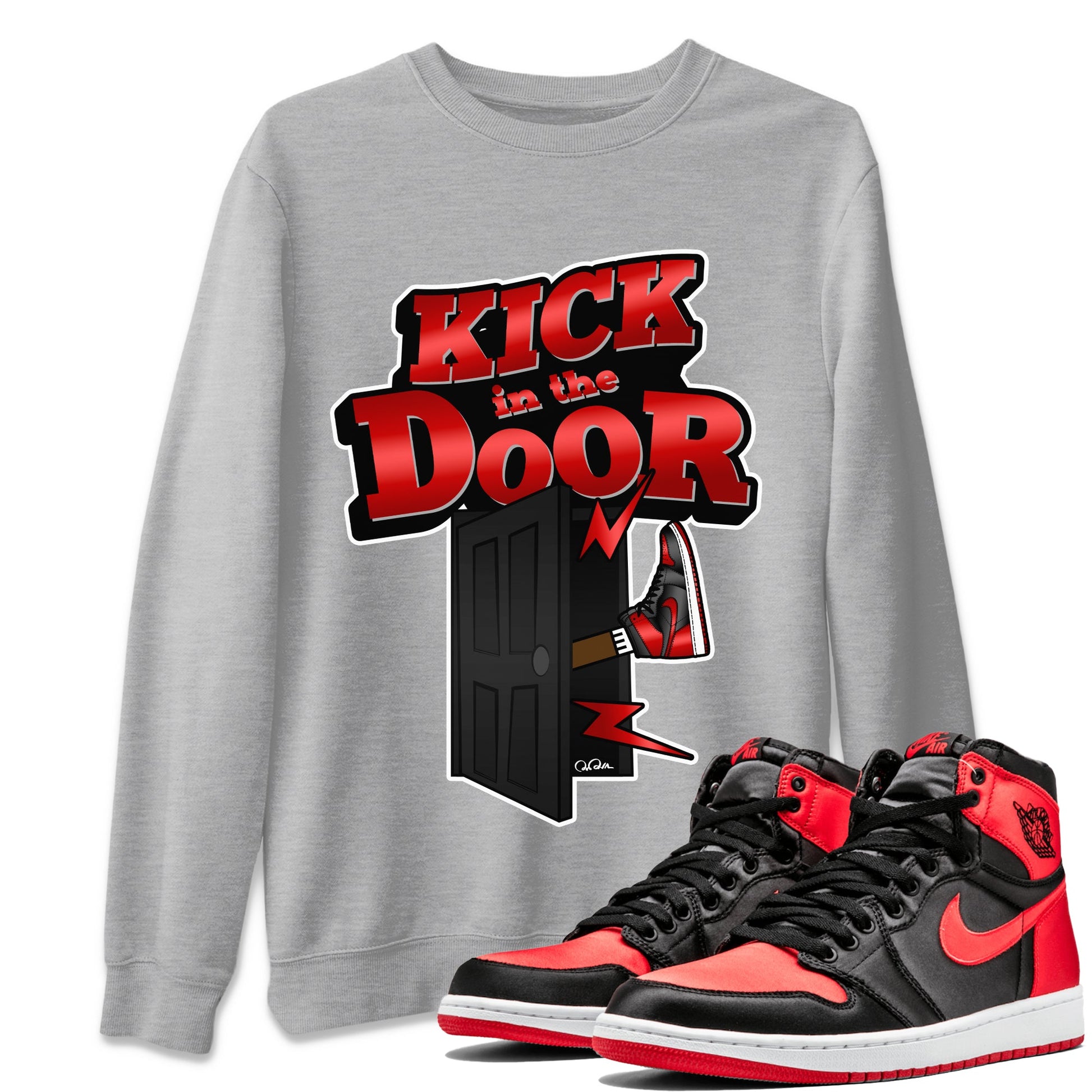 Air Jordan 1 Satin Bred Sneaker Match Tees Kick In The Door Sneaker Tees AJ1 Satin Bred Sneaker Release Tees Unisex Shirts Heather Grey 1