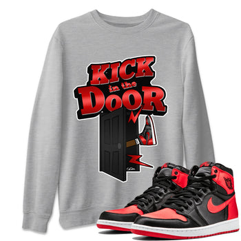 Air Jordan 1 Satin Bred Sneaker Match Tees Kick In The Door Sneaker Tees AJ1 Satin Bred Sneaker Release Tees Unisex Shirts Heather Grey 1
