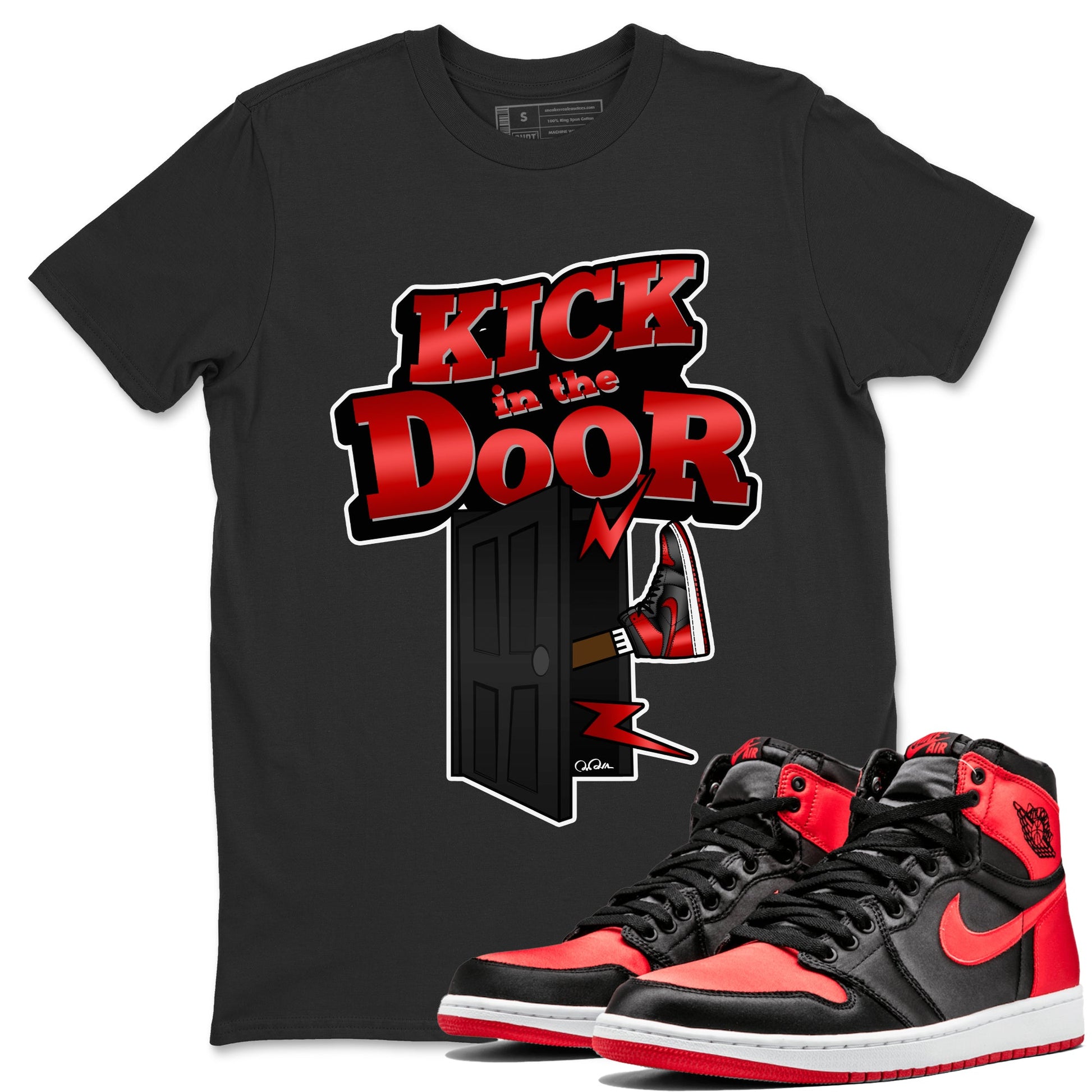 Air Jordan 1 Satin Bred Sneaker Match Tees Kick In The Door Sneaker Tees AJ1 Satin Bred Sneaker Release Tees Unisex Shirts Black 1