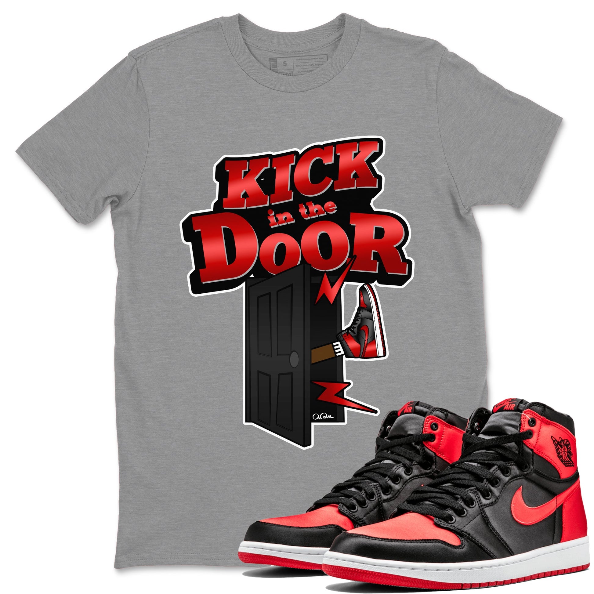 Air Jordan 1 Satin Bred Sneaker Match Tees Kick In The Door Sneaker Tees AJ1 Satin Bred Sneaker Release Tees Unisex Shirts Heather Grey 1