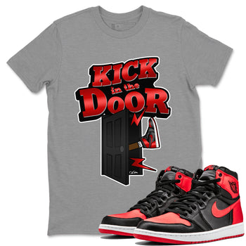 Air Jordan 1 Satin Bred Sneaker Match Tees Kick In The Door Sneaker Tees AJ1 Satin Bred Sneaker Release Tees Unisex Shirts Heather Grey 1