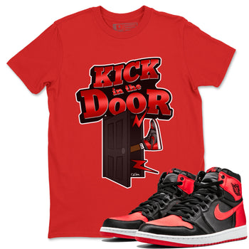 Air Jordan 1 Satin Bred Sneaker Match Tees Kick In The Door Sneaker Tees AJ1 Satin Bred Sneaker Release Tees Unisex Shirts Red 1
