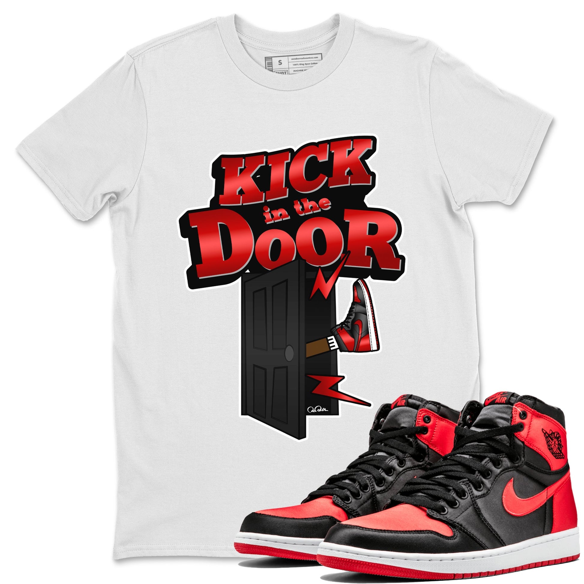 Air Jordan 1 Satin Bred Sneaker Match Tees Kick In The Door Sneaker Tees AJ1 Satin Bred Sneaker Release Tees Unisex Shirts White 1