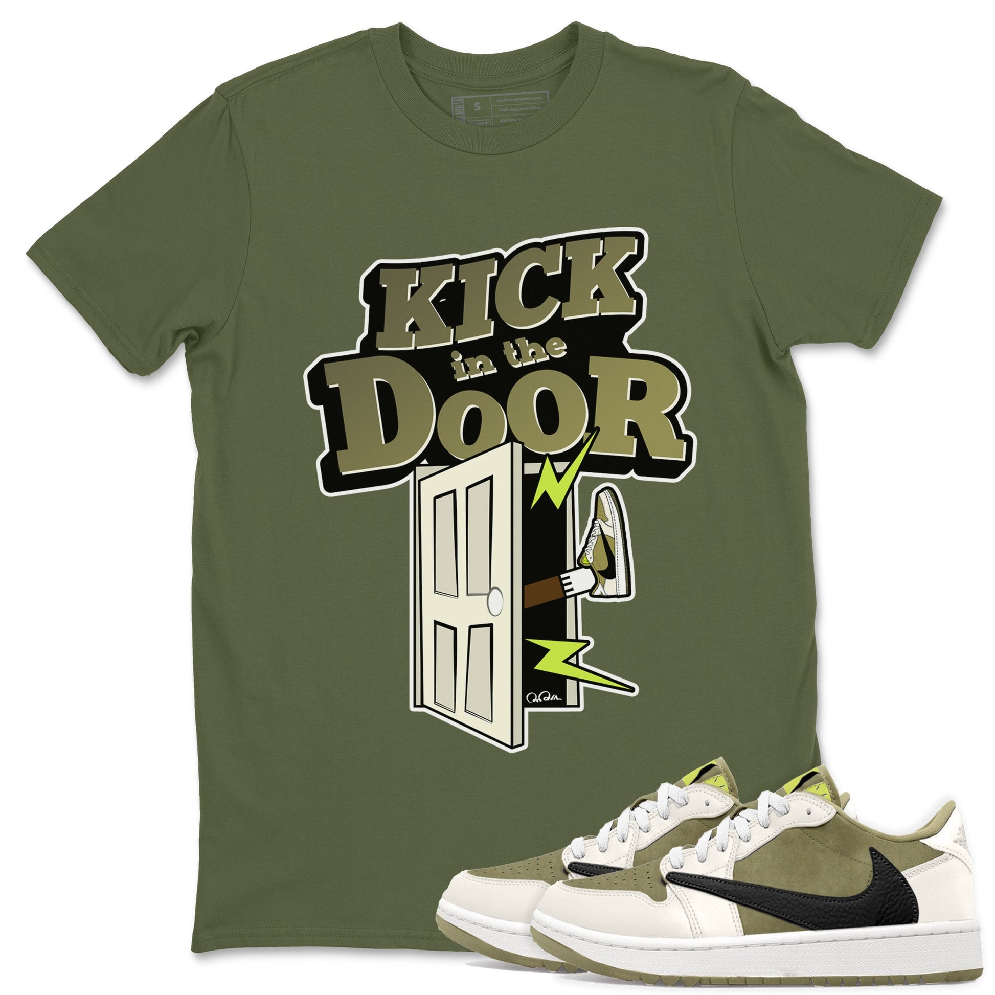 Air Jordan 1 Travis Scott Golf shirt to match jordans Kick In The Door sneaker tees AJ1 lowTravis Scott Golf SNRT Sneaker Release Tees Unisex Military Green 1 T-Shirt