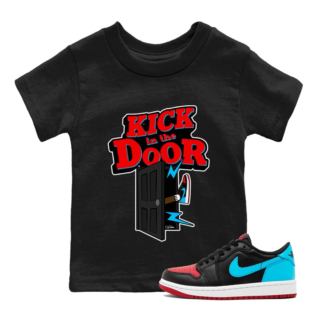 Air Jordan 1 UNC to Chicago Sneaker Match Tees Kick In The Door Sneaker Tees AJ1 UNC to Chicago Sneaker Release Tees Kids Shirts Black 1