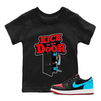 Air Jordan 1 UNC to Chicago Sneaker Match Tees Kick In The Door Sneaker Tees AJ1 UNC to Chicago Sneaker Release Tees Kids Shirts Black 1