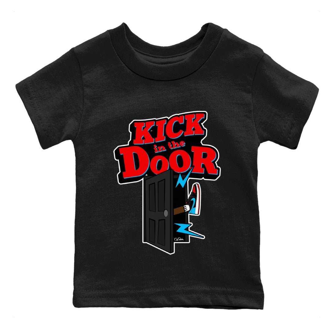Air Jordan 1 UNC to Chicago Sneaker Match Tees Kick In The Door Sneaker Tees AJ1 UNC to Chicago Sneaker Release Tees Kids Shirts Black 2