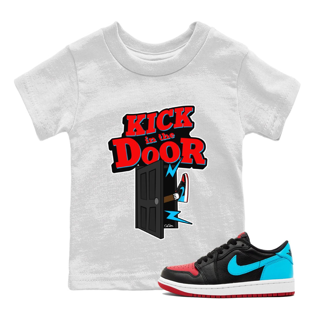 Air Jordan 1 UNC to Chicago Sneaker Match Tees Kick In The Door Sneaker Tees AJ1 UNC to Chicago Sneaker Release Tees Kids Shirts White 1