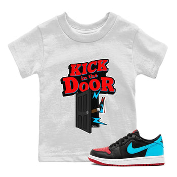 Air Jordan 1 UNC to Chicago Sneaker Match Tees Kick In The Door Sneaker Tees AJ1 UNC to Chicago Sneaker Release Tees Kids Shirts White 1