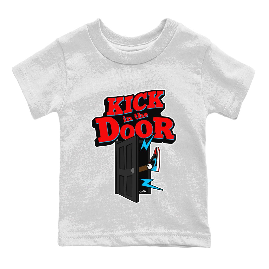 Air Jordan 1 UNC to Chicago Sneaker Match Tees Kick In The Door Sneaker Tees AJ1 UNC to Chicago Sneaker Release Tees Kids Shirts White 2