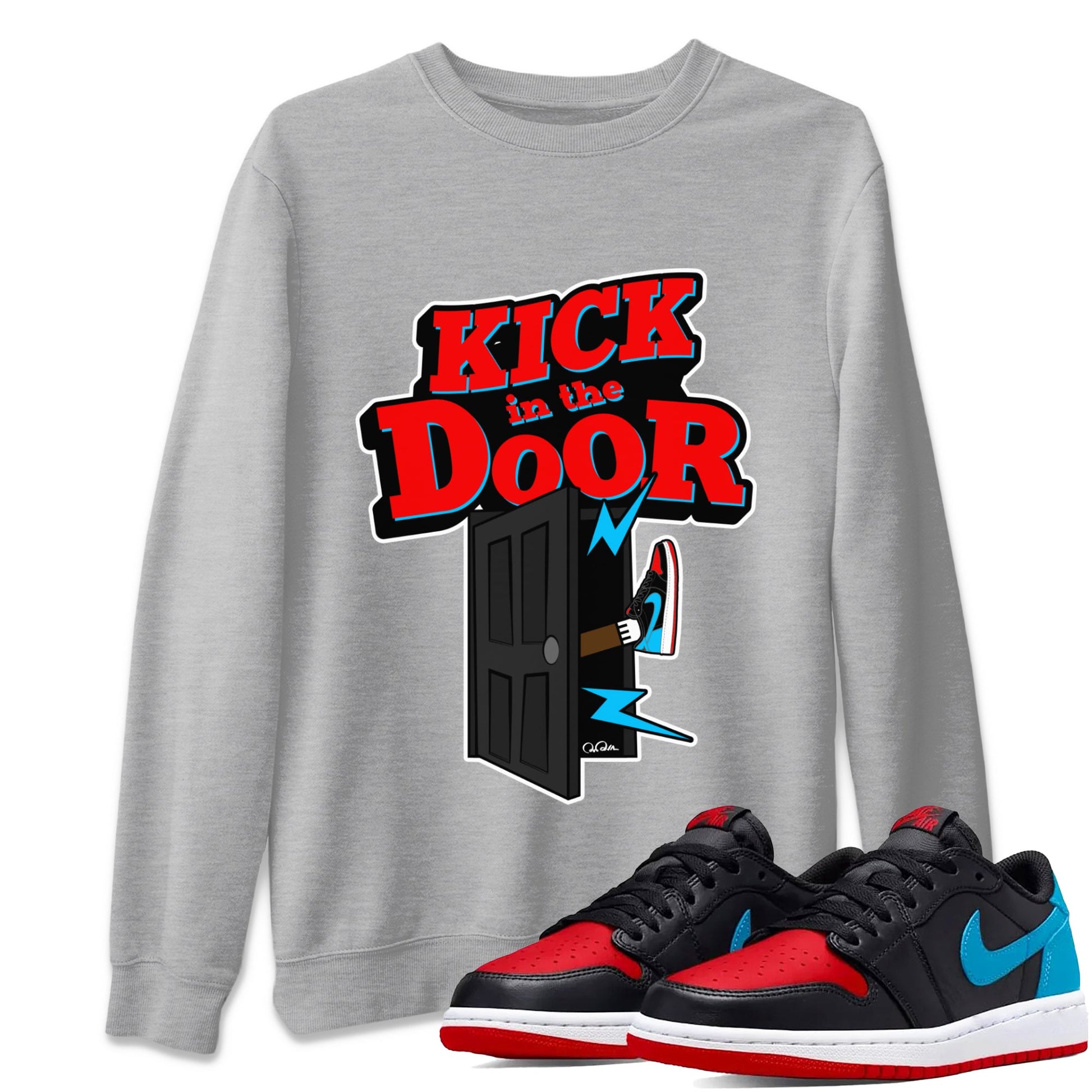 Air Jordan 1 UNC to Chicago Sneaker Match Tees Kick In The Door Sneaker Tees AJ1 UNC to Chicago Sneaker Release Tees Unisex Shirts Heather Grey 1