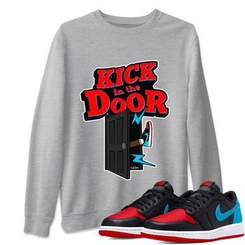 Air Jordan 1 UNC to Chicago Sneaker Match Tees Kick In The Door Sneaker Tees AJ1 UNC to Chicago Sneaker Release Tees Unisex Shirts Heather Grey 1