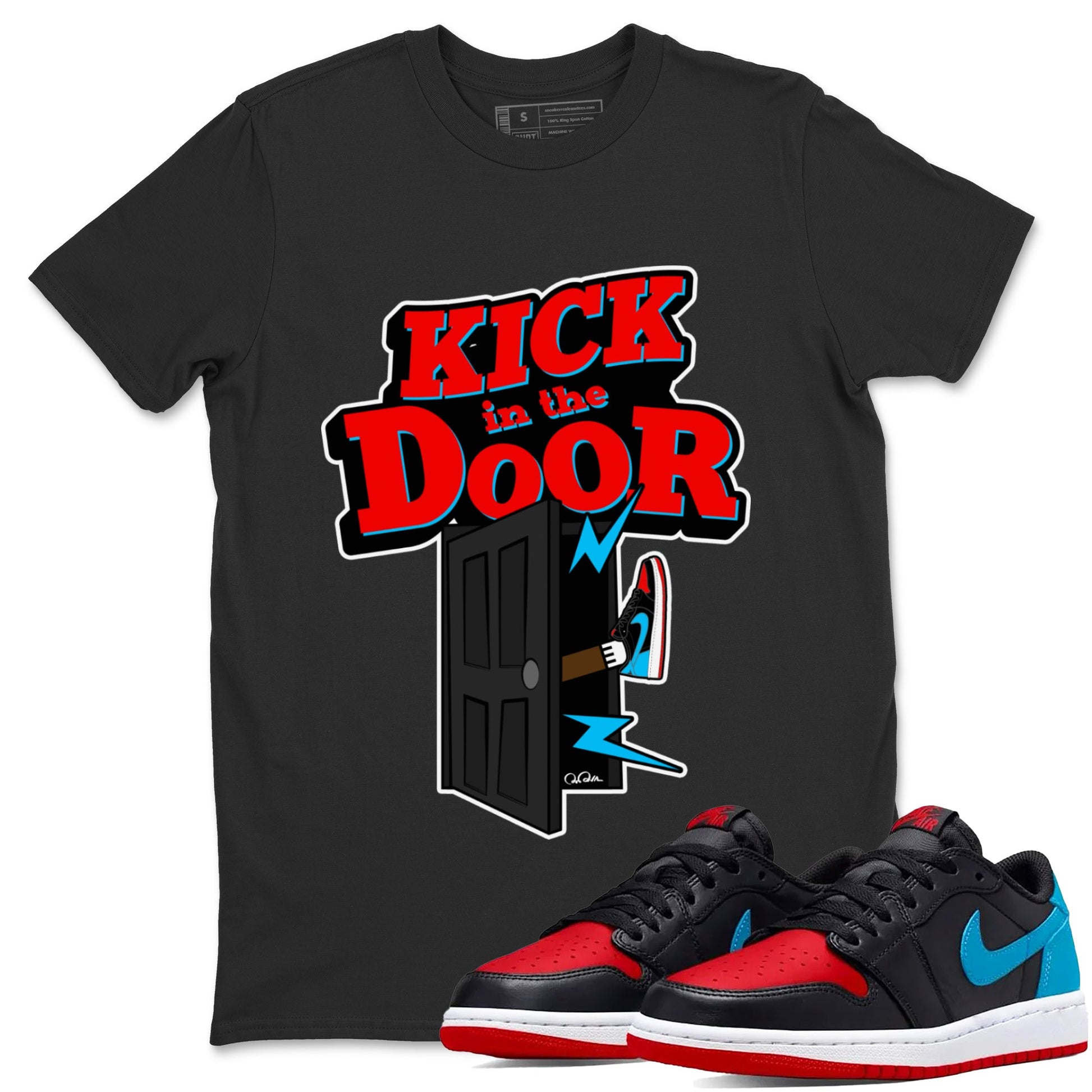 Air Jordan 1 UNC to Chicago Sneaker Match Tees Kick In The Door Sneaker Tees AJ1 UNC to Chicago Sneaker Release Tees Unisex Shirts Black 1