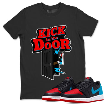 Air Jordan 1 UNC to Chicago Sneaker Match Tees Kick In The Door Sneaker Tees AJ1 UNC to Chicago Sneaker Release Tees Unisex Shirts Black 1