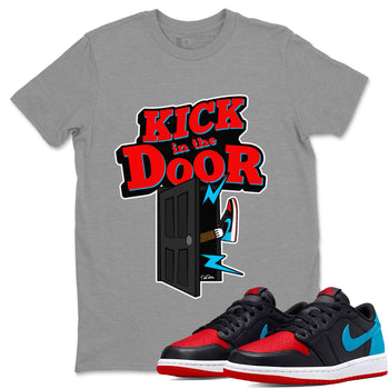 Air Jordan 1 UNC to Chicago Sneaker Match Tees Kick In The Door Sneaker Tees AJ1 UNC to Chicago Sneaker Release Tees Unisex Shirts Heather Grey 1