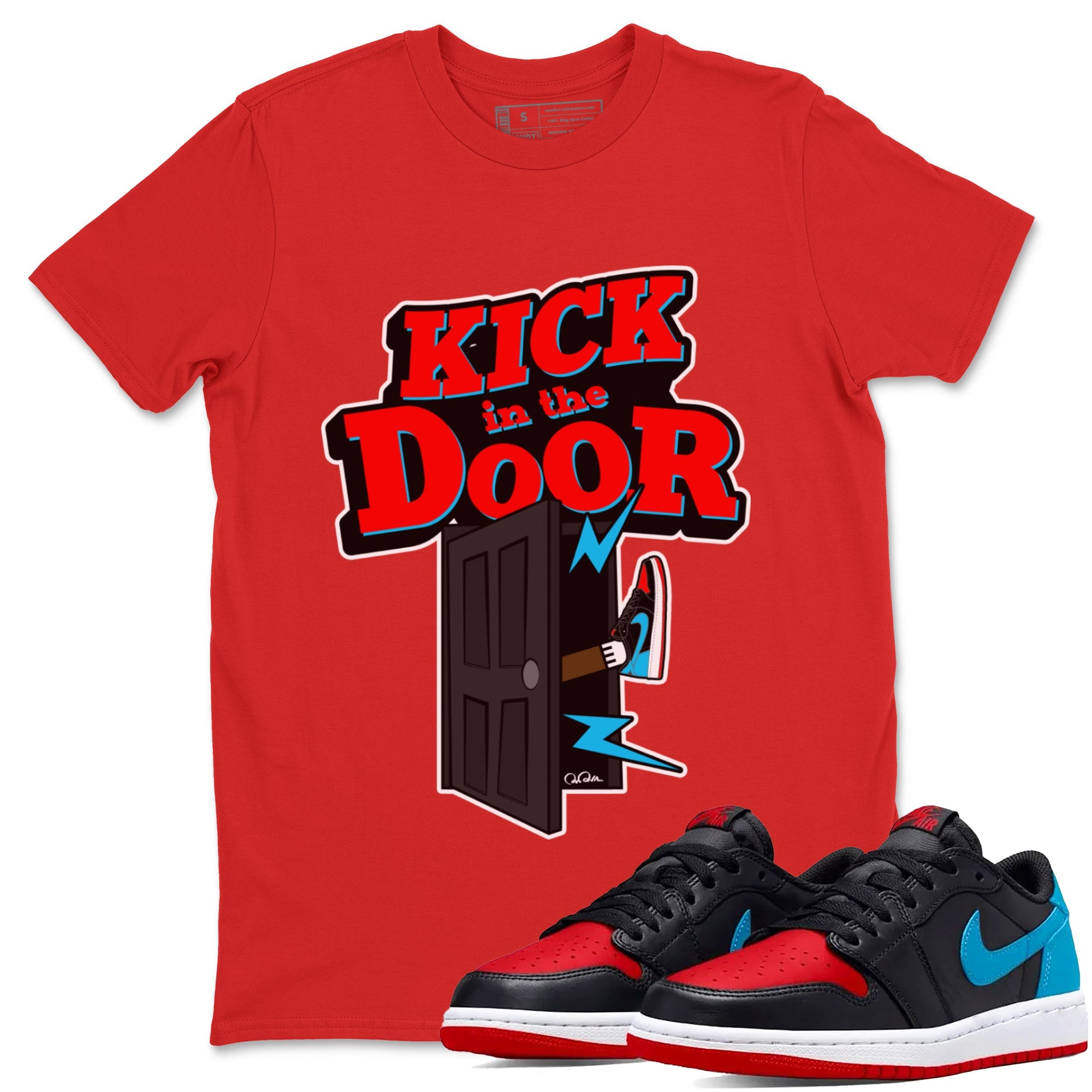 Air Jordan 1 UNC to Chicago Sneaker Match Tees Kick In The Door Sneaker Tees AJ1 UNC to Chicago Sneaker Release Tees Unisex Shirts Red 1