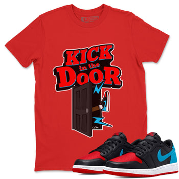 Air Jordan 1 UNC to Chicago Sneaker Match Tees Kick In The Door Sneaker Tees AJ1 UNC to Chicago Sneaker Release Tees Unisex Shirts Red 1