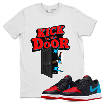 Air Jordan 1 UNC to Chicago Sneaker Match Tees Kick In The Door Sneaker Tees AJ1 UNC to Chicago Sneaker Release Tees Unisex Shirts White 1