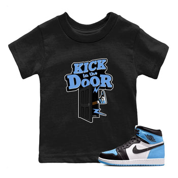 Air Jordan 1 Retro High OG UNC Toe Shirt to match Jordans Kick In The Door Sneaker Tees AJ1 UNC Toe SNRT Sneaker Release Tees Kids and Baby Tees Black 1
