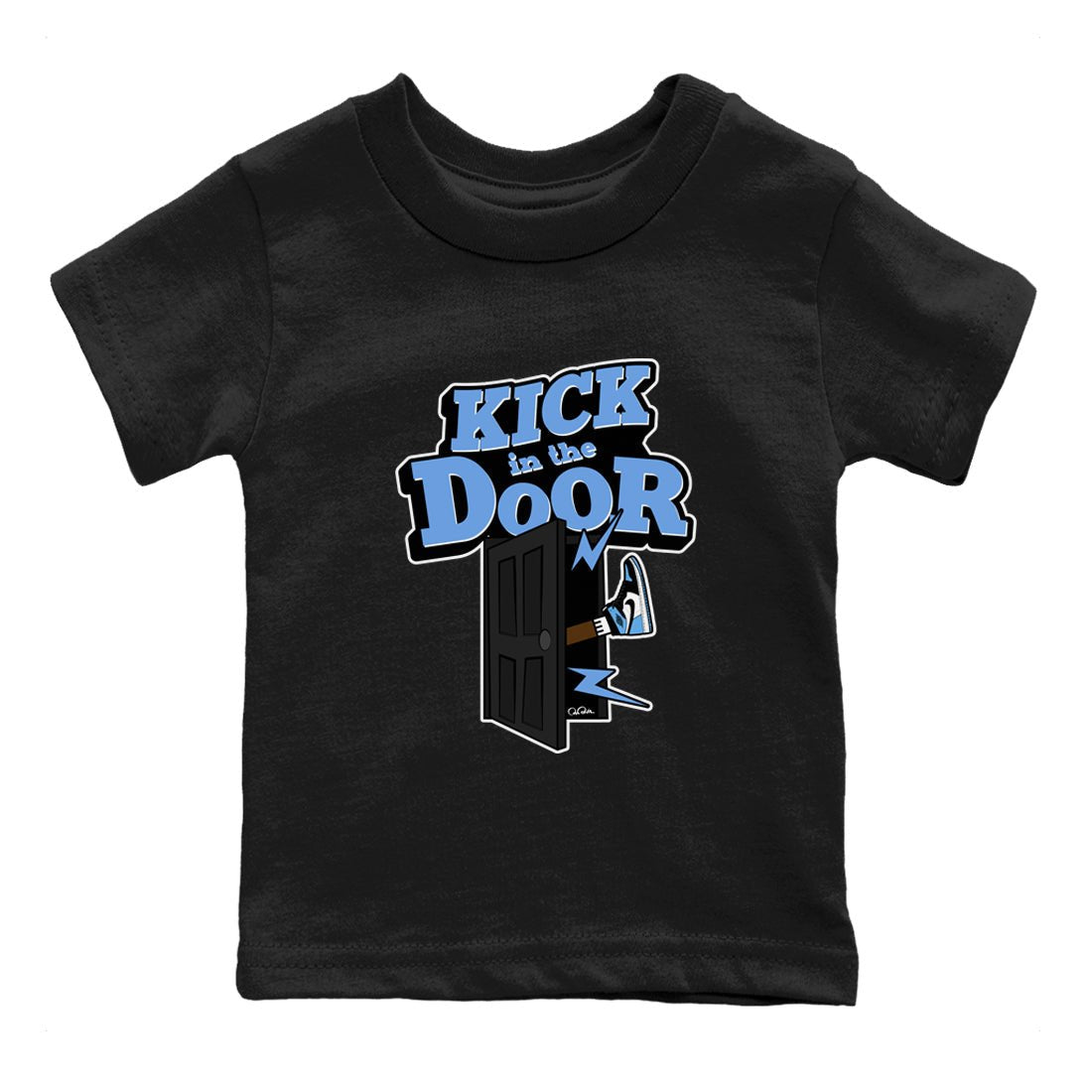 Air Jordan 1 Retro High OG UNC Toe Shirt to match Jordans Kick In The Door Sneaker Tees AJ1 UNC Toe SNRT Sneaker Release Tees Kids and Baby Tees Black 2