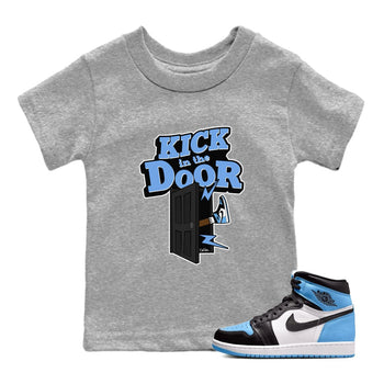 Air Jordan 1 Retro High OG UNC Toe Shirt to match Jordans Kick In The Door Sneaker Tees AJ1 UNC Toe SNRT Sneaker Release Tees Kids and Baby Tees Heather Grey 1