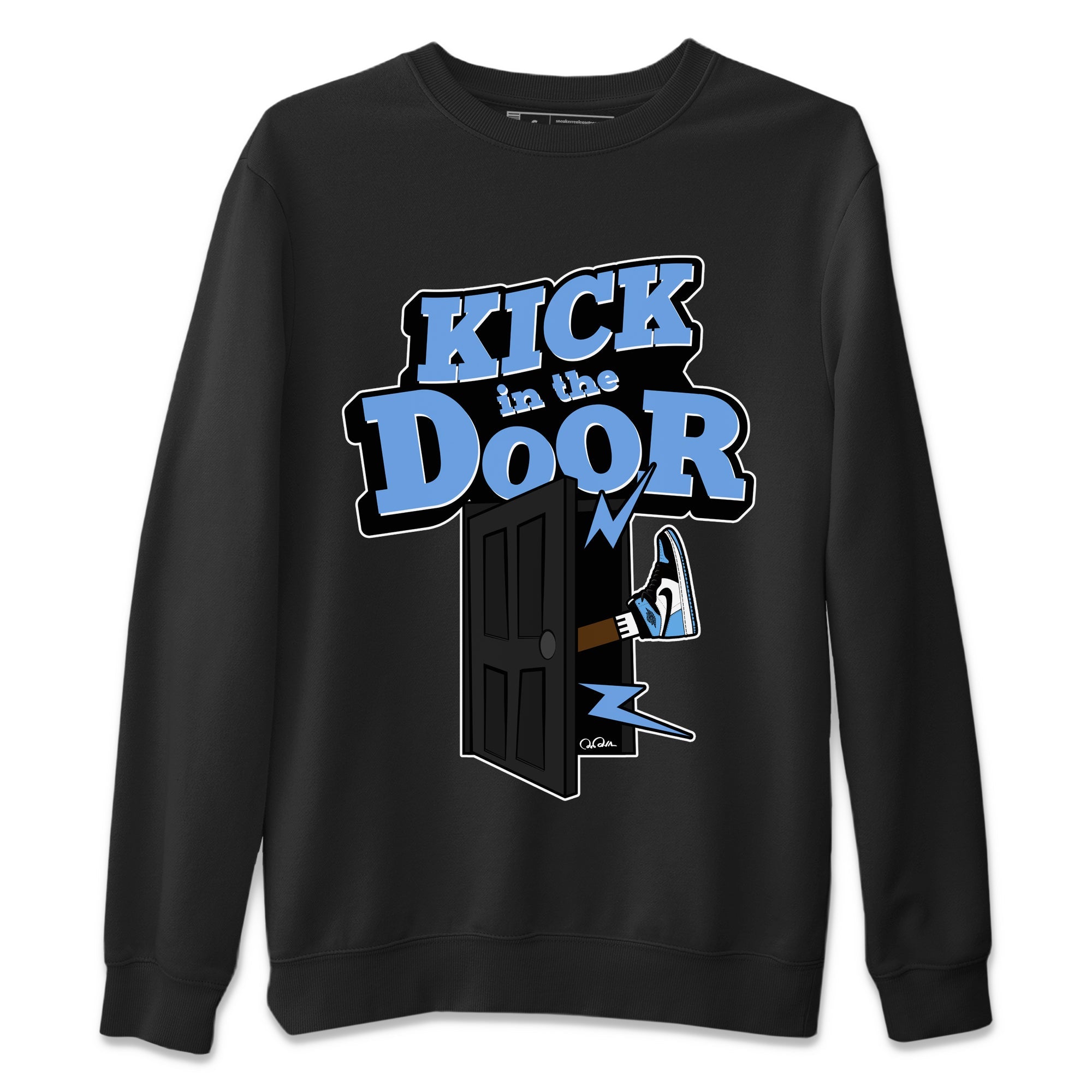 Air Jordan 1 Retro High OG UNC Toe Shirt to match Jordans Kick In The Door Sneaker Tees AJ1 UNC Toe SNRT Sneaker Release Tees Crew Neck T-Shirts Black 2