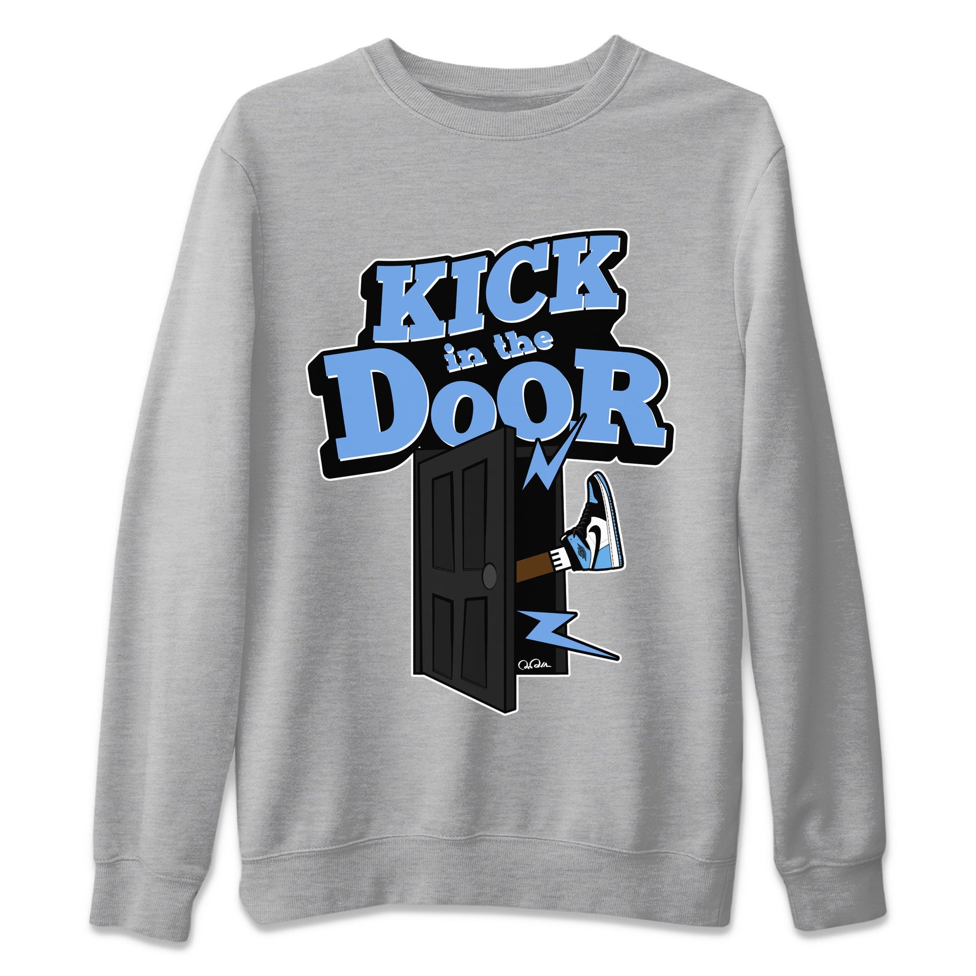 Air Jordan 1 Retro High OG UNC Toe Shirt to match Jordans Kick In The Door Sneaker Tees AJ1 UNC Toe SNRT Sneaker Release Tees Crew Neck T-Shirts Heather Grey 2