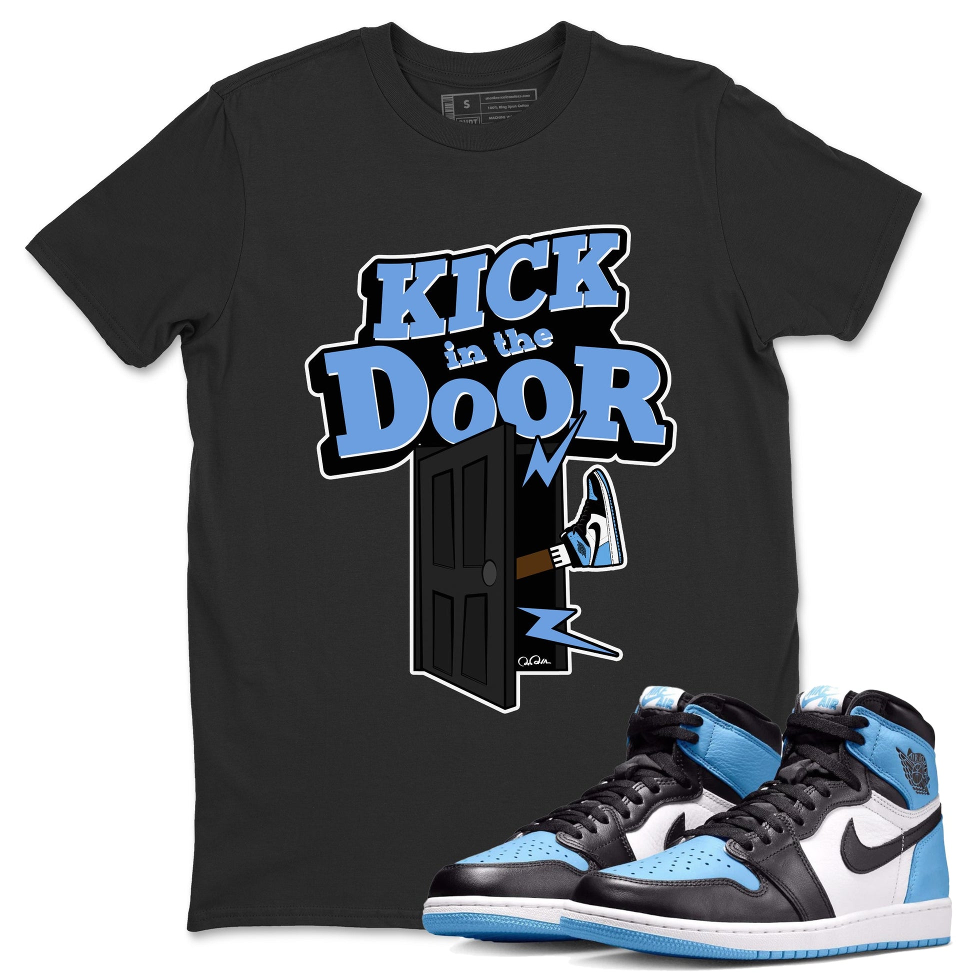 Air Jordan 1 Retro High OG UNC Toe Shirt to match Jordans Kick In The Door Sneaker Tees AJ1 UNC Toe SNRT Sneaker Release Tees Crew Neck T-Shirts Black 1