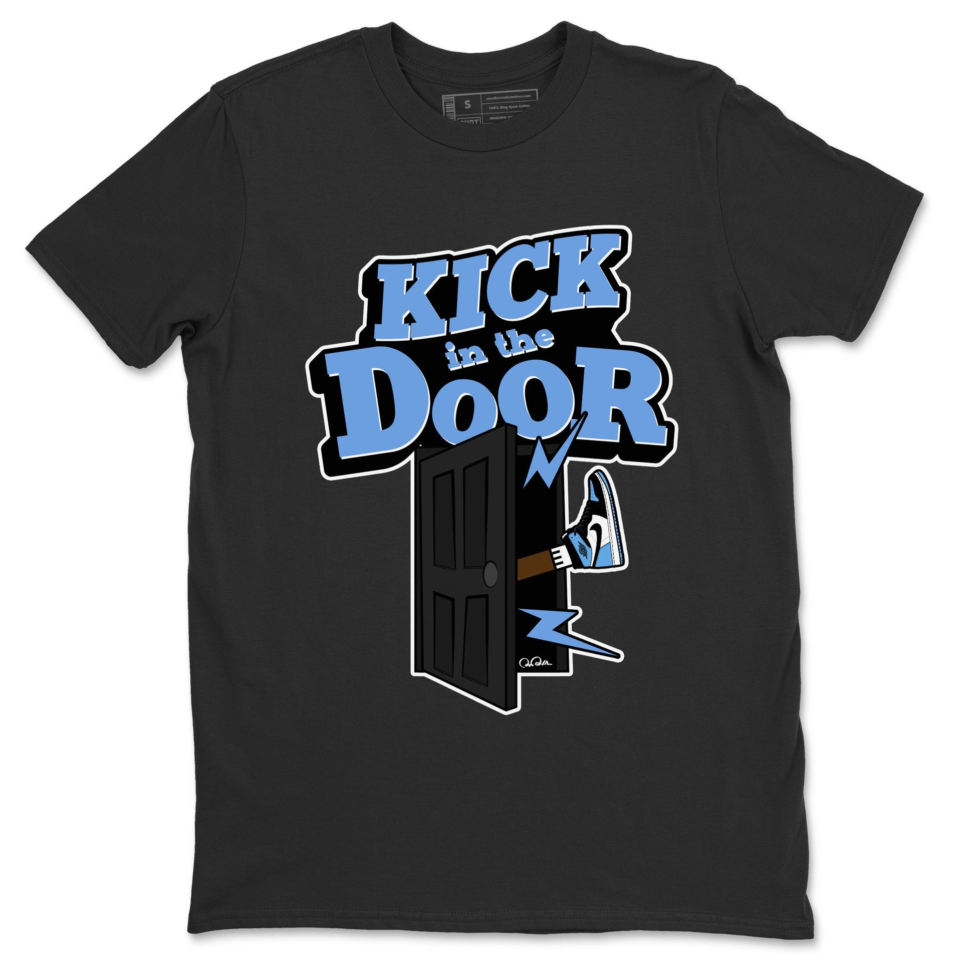 Air Jordan 1 Retro High OG UNC Toe Shirt to match Jordans Kick In The Door Sneaker Tees AJ1 UNC Toe SNRT Sneaker Release Tees Crew Neck T-Shirts Black 2