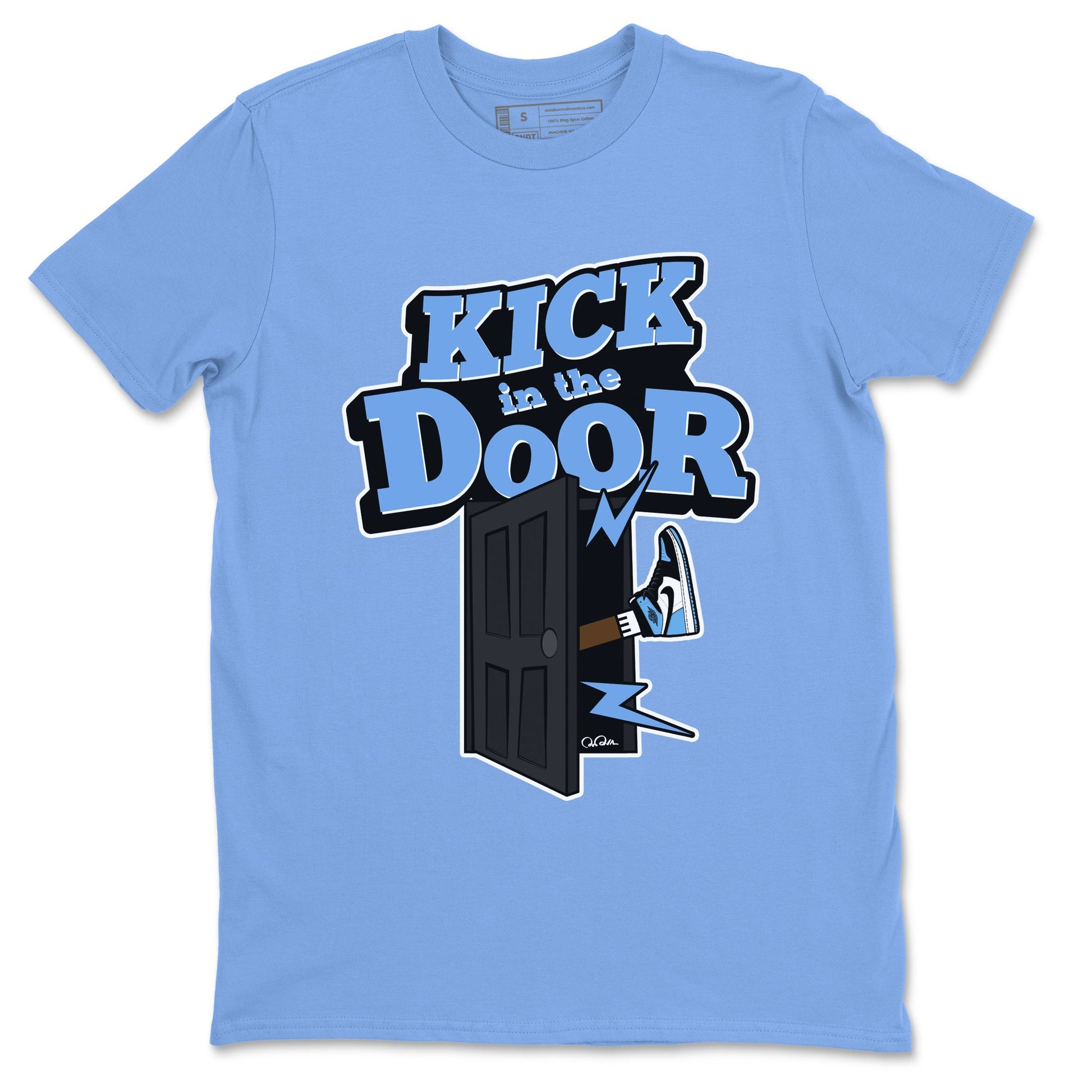 Air Jordan 1 Retro High OG UNC Toe Shirt to match Jordans Kick In The Door Sneaker Tees AJ1 UNC Toe SNRT Sneaker Release Tees Crew Neck T-Shirts Carolina Blue 2