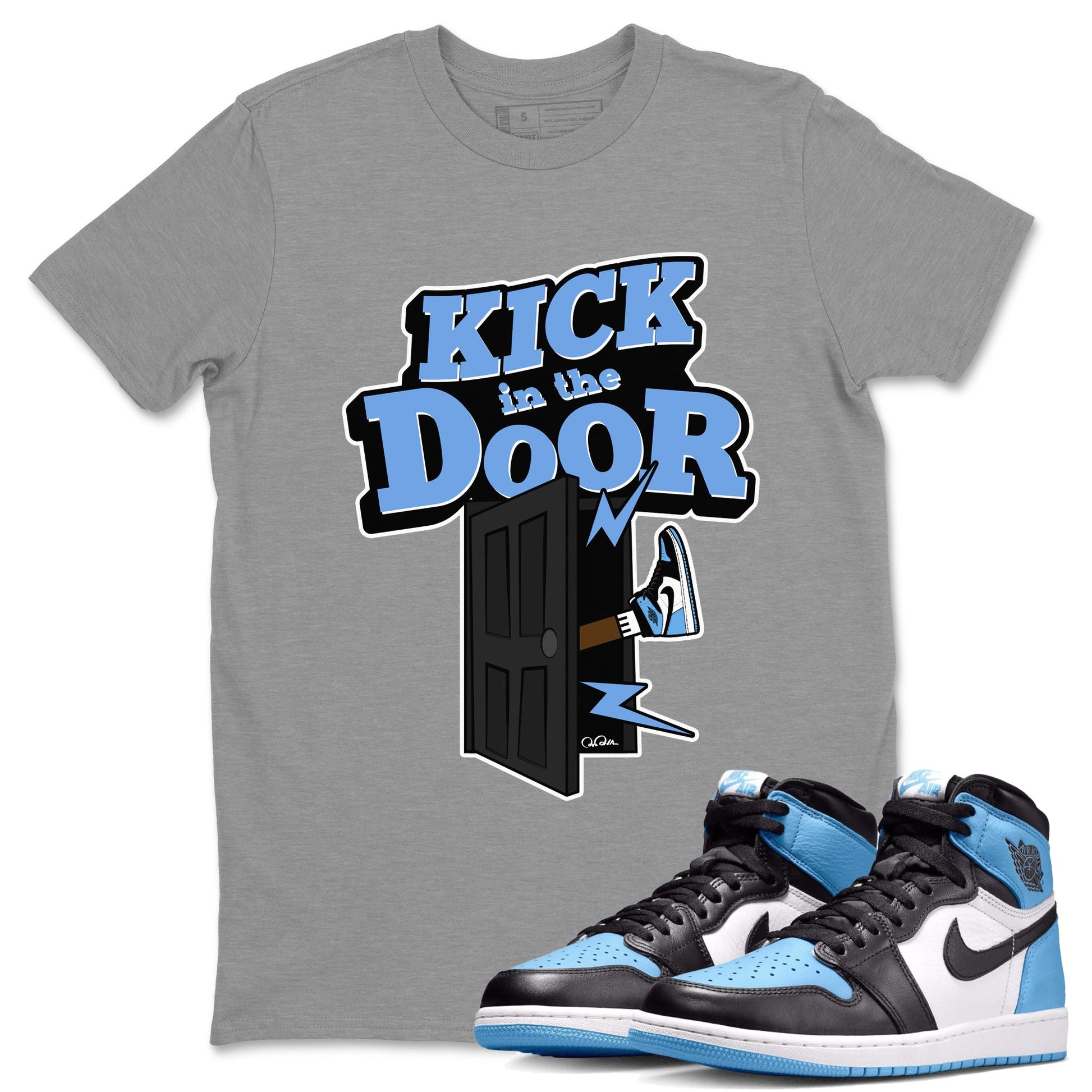 Air Jordan 1 Retro High OG UNC Toe Shirt to match Jordans Kick In The Door Sneaker Tees AJ1 UNC Toe SNRT Sneaker Release Tees Crew Neck T-Shirts Heather Grey 1