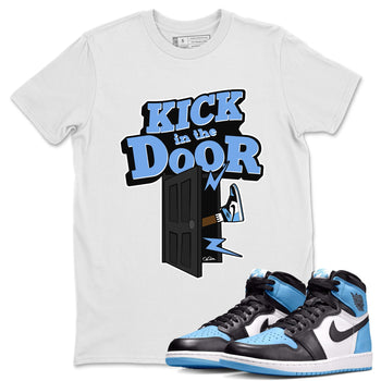 Air Jordan 1 Retro High OG UNC Toe Shirt to match Jordans Kick In The Door Sneaker Tees AJ1 UNC Toe SNRT Sneaker Release Tees Crew Neck T-Shirts White 1