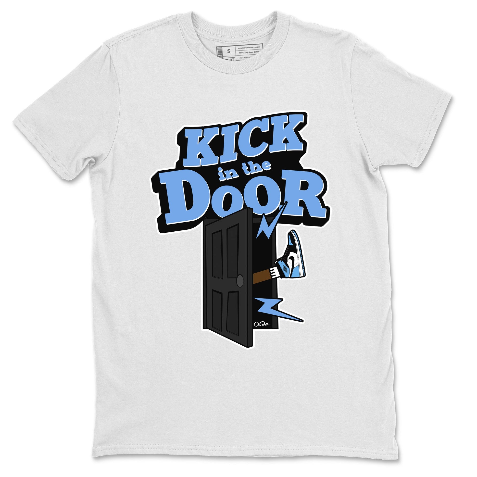 Air Jordan 1 Retro High OG UNC Toe Shirt to match Jordans Kick In The Door Sneaker Tees AJ1 UNC Toe SNRT Sneaker Release Tees Crew Neck T-Shirts White 2