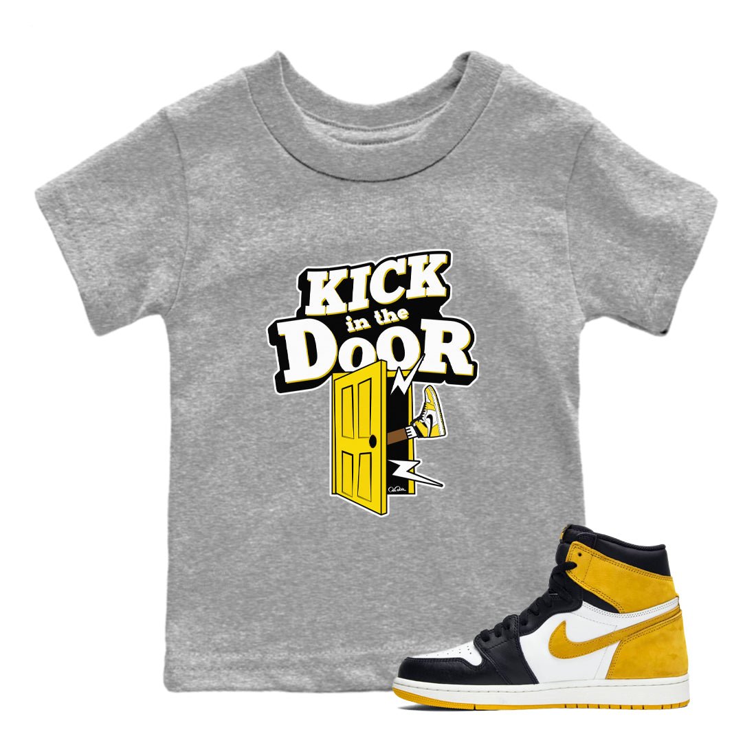 1s Yellow Ochre shirt to match jordans Kick In The Door sneaker tees Air Jordan 1 Yellow Ochre SNRT sneaker release tees baby toddler Heather Grey 1 cotton Shirt