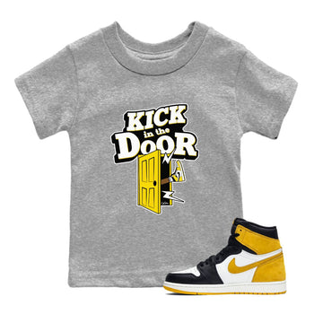 1s Yellow Ochre shirt to match jordans Kick In The Door sneaker tees Air Jordan 1 Yellow Ochre SNRT sneaker release tees baby toddler Heather Grey 1 cotton Shirt