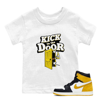 1s Yellow Ochre shirt to match jordans Kick In The Door sneaker tees Air Jordan 1 Yellow Ochre SNRT sneaker release tees baby toddler White 1 cotton Shirt