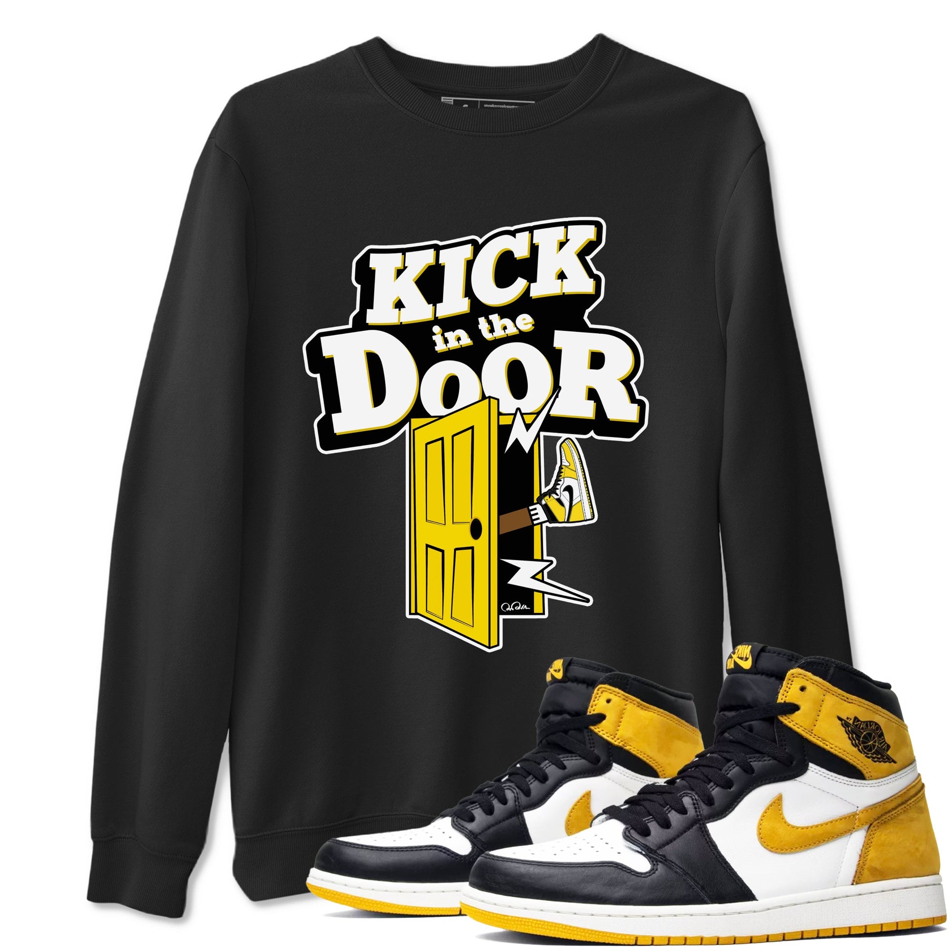 1s Yellow Ochre shirt to match jordans Kick In The Door sneaker tees Air Jordan 1 Yellow Ochre SNRT Sneaker Release Tees unisex cotton Black 1 crew neck shirt