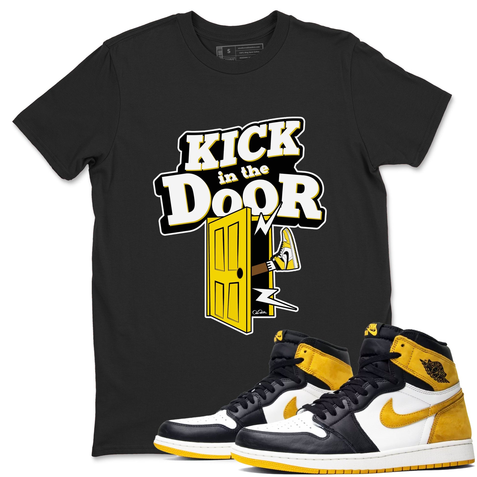 1s Yellow Ochre shirt to match jordans Kick In The Door sneaker tees Air Jordan 1 Yellow Ochre SNRT Sneaker Release Tees unisex cotton Black 1 crew neck shirt