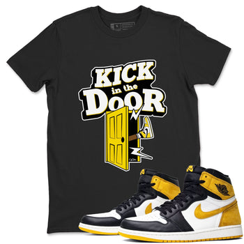 1s Yellow Ochre shirt to match jordans Kick In The Door sneaker tees Air Jordan 1 Yellow Ochre SNRT Sneaker Release Tees unisex cotton Black 1 crew neck shirt