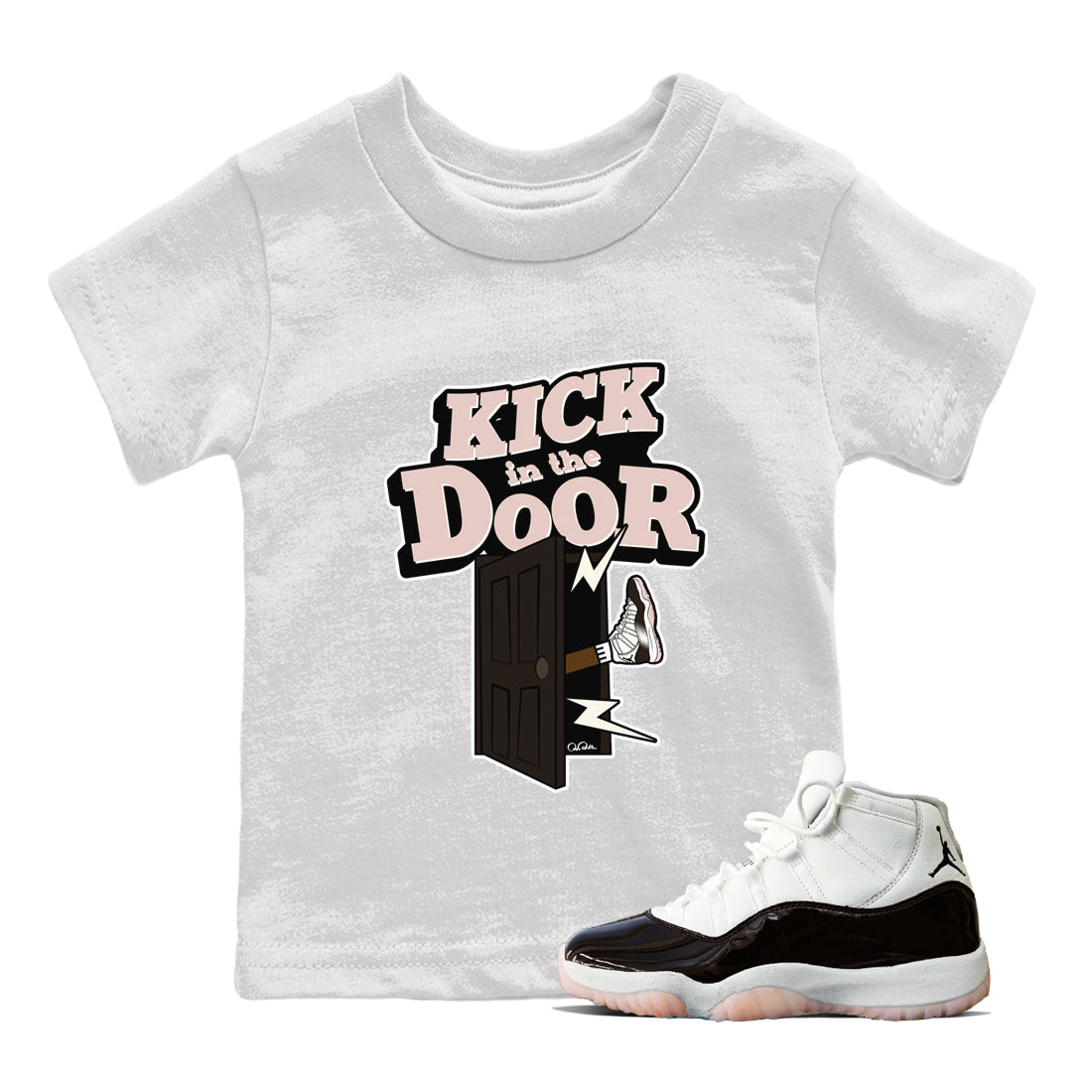 Air Jordan 11 Neapolitan shirt to match jordans Kick In The Door sneaker tees AJ11 Neapolitan SNRT Sneaker Release Tees Baby Toddler White 1 T-Shirt